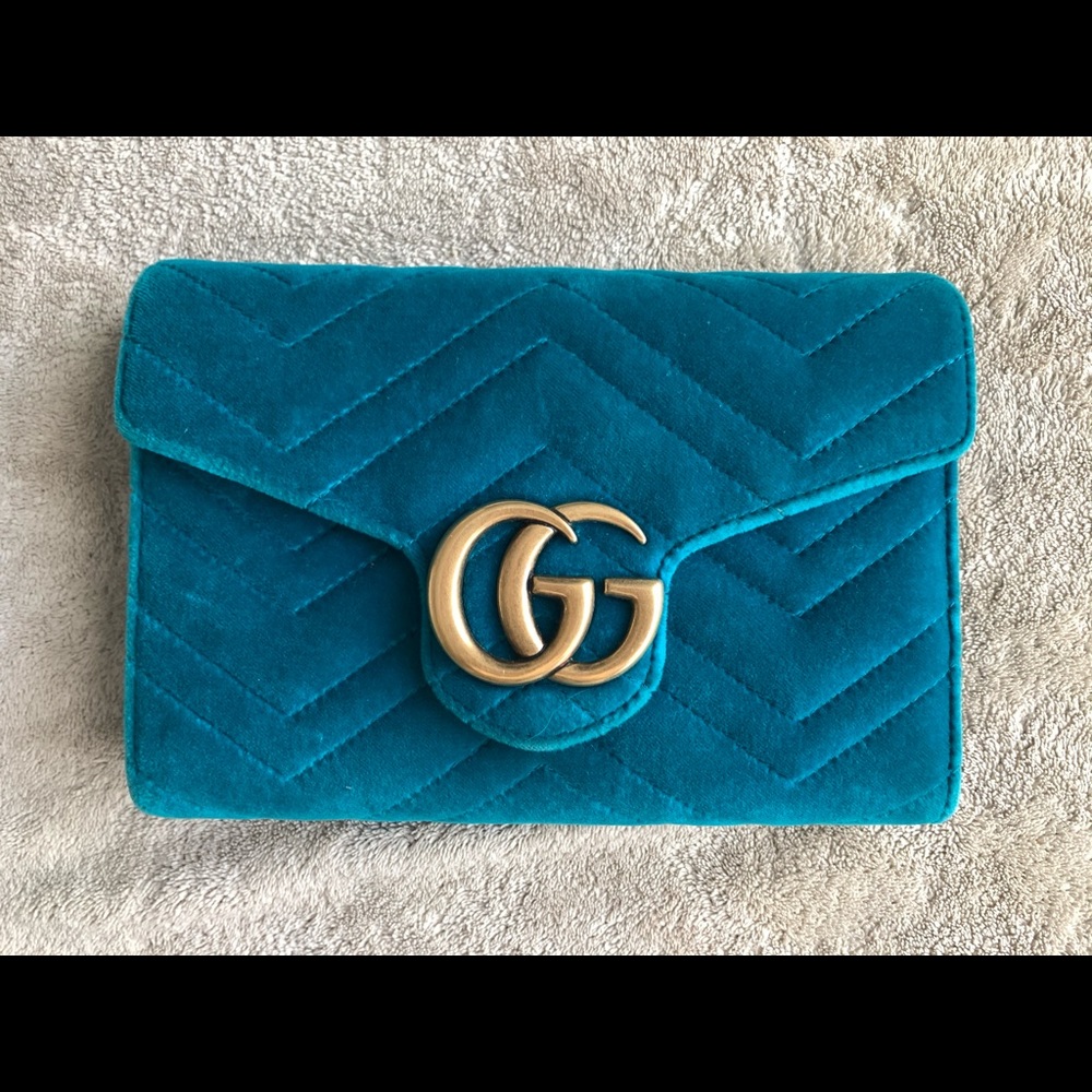 Gucci Marmont Gg Matelasse Mini Blue / teal Velvet Cross Body Clutch Bag EUC